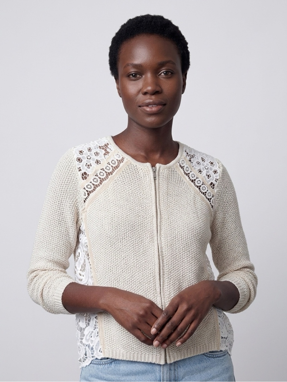 CHICO’S Sweater Lainey Lace Inlays Zipper Long Sleeve Cream Ivory Women 2 L 12